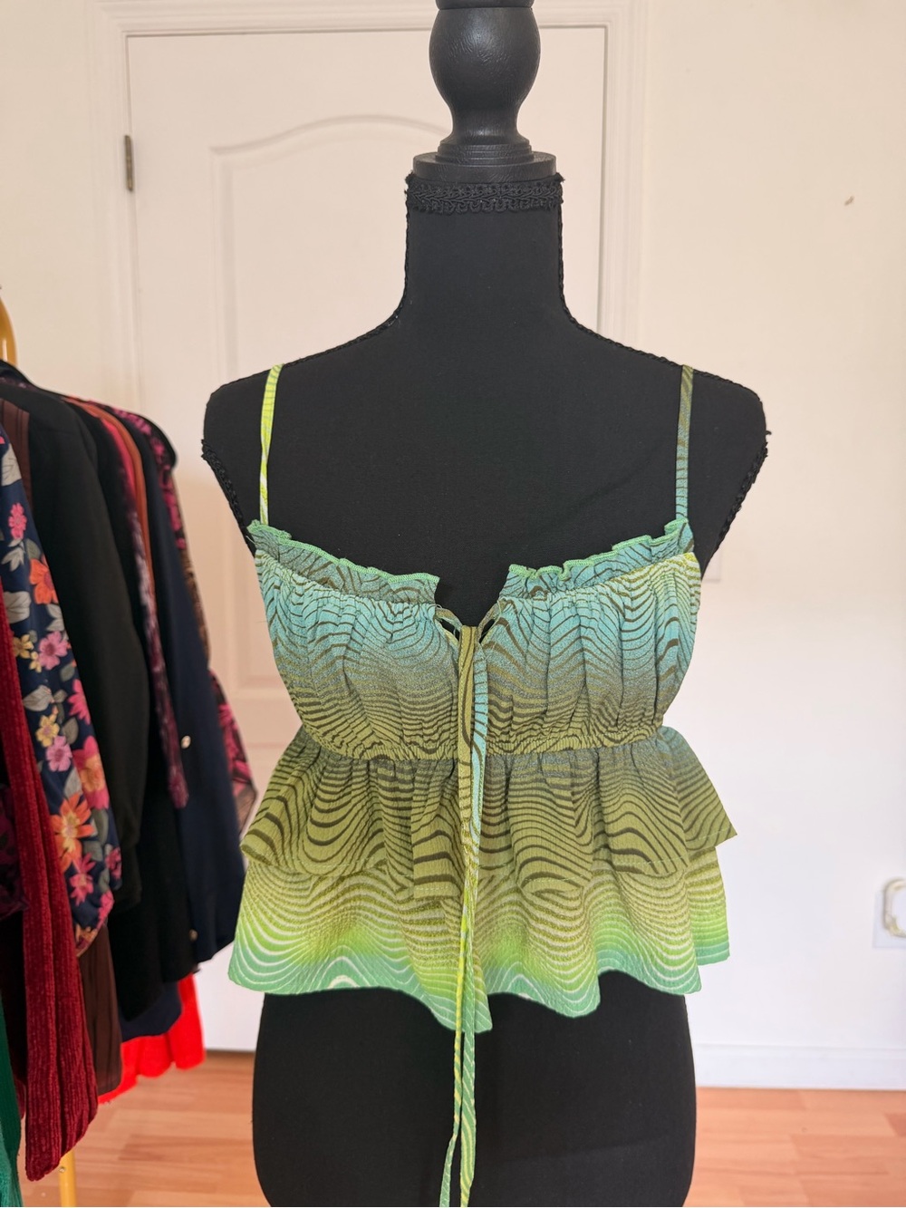 Wild Fable Green Abstract Wave Print Peplum Cami